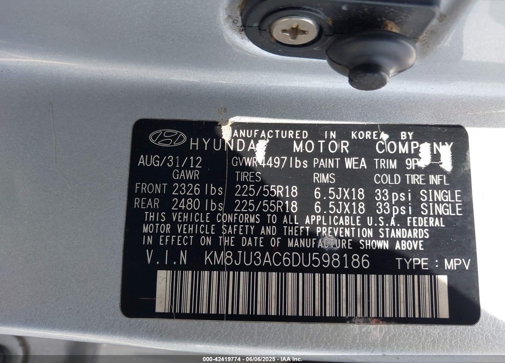 2013 HYUNDAI TUCSON LIMITED VIN: KM8JU3AC6DU598186