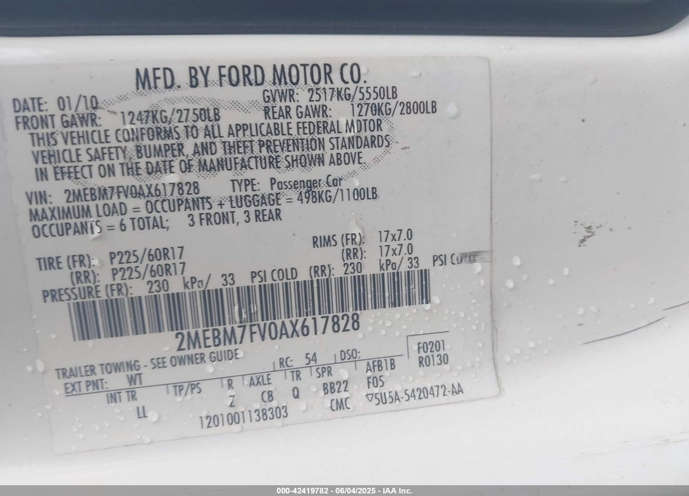 2010 MERCURY GRAND MARQUIS VIN: 2MEBM7FV0AX617828