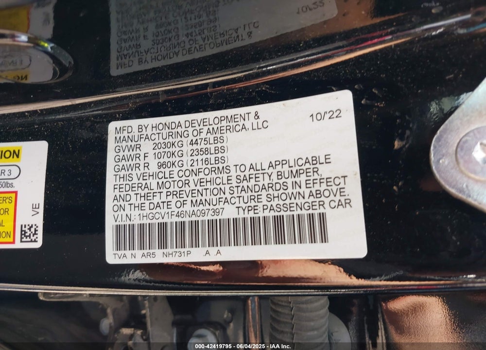 2022 HONDA ACCORD SPORT SPECIAL EDITION VIN: 1HGCV1F46NA097397