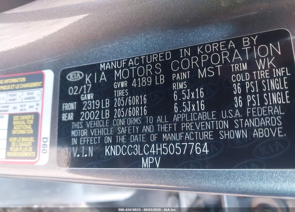 2017 KIA NIRO VIN: KNDCC3LC4H5057764