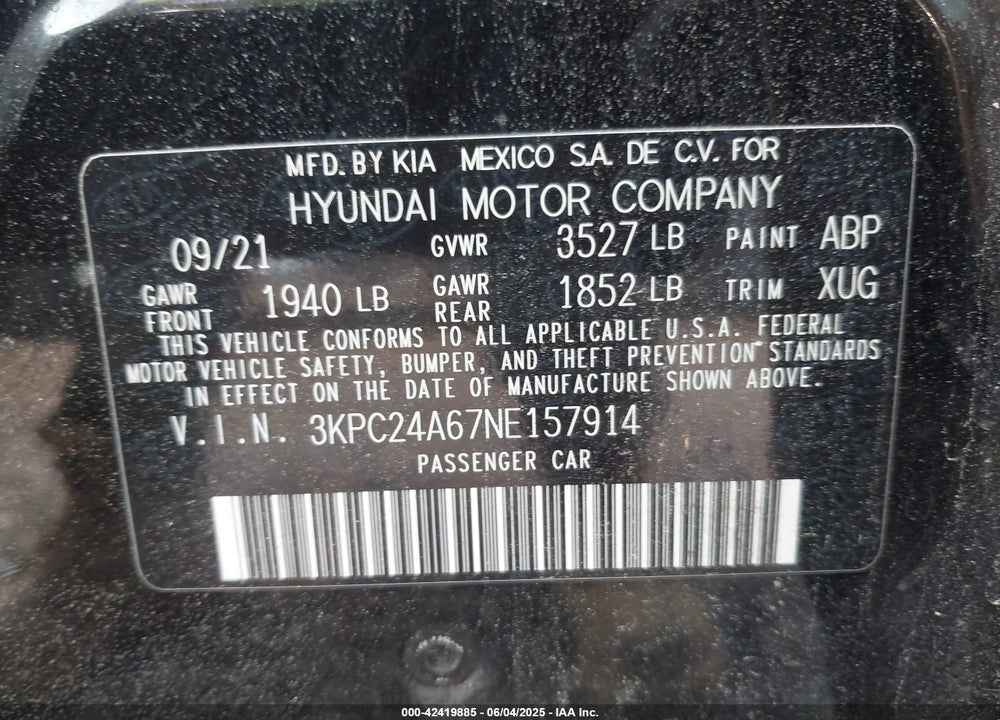 2022 HYUNDAI ACCENT VIN: 3KPC24A67NE157914