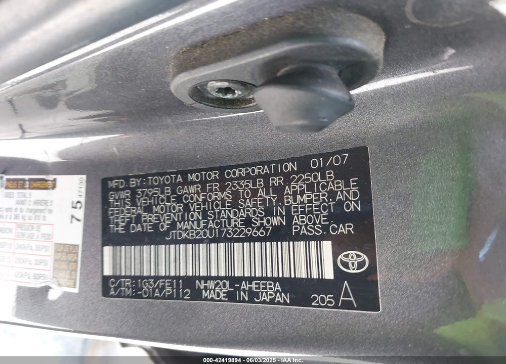 2007 TOYOTA PRIUS VIN: JTDKB20U173229667