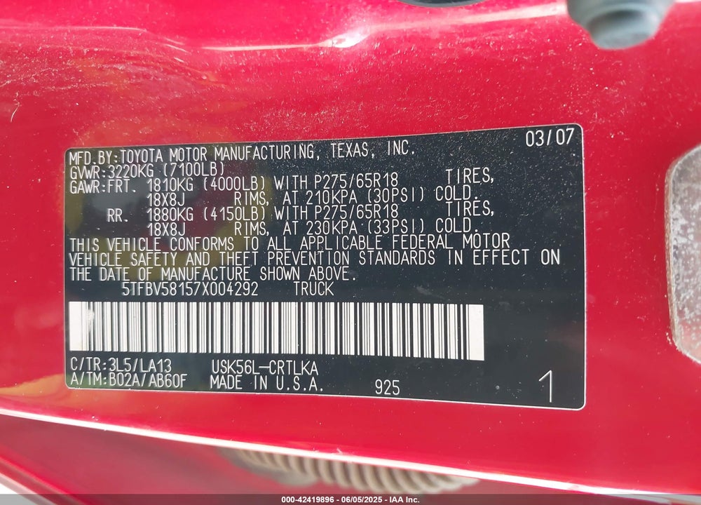 2007 TOYOTA TUNDRA LIMITED 5.7L V8 VIN: 5TFBV58157X004292