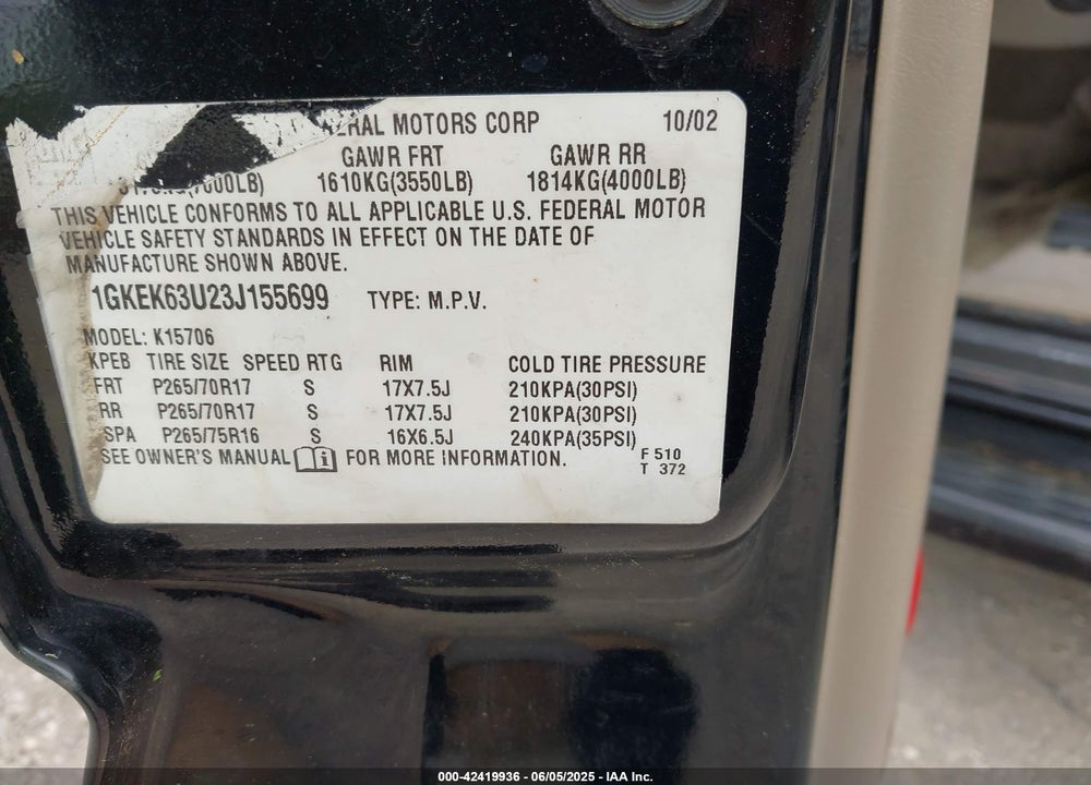 2003 GMC YUKON DENALI VIN: 1GKEK63U23J155699