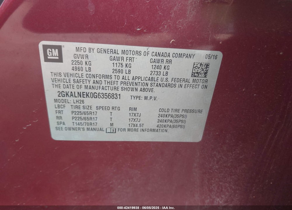 2016 GMC TERRAIN VIN: 2GKALNEK0G6356831