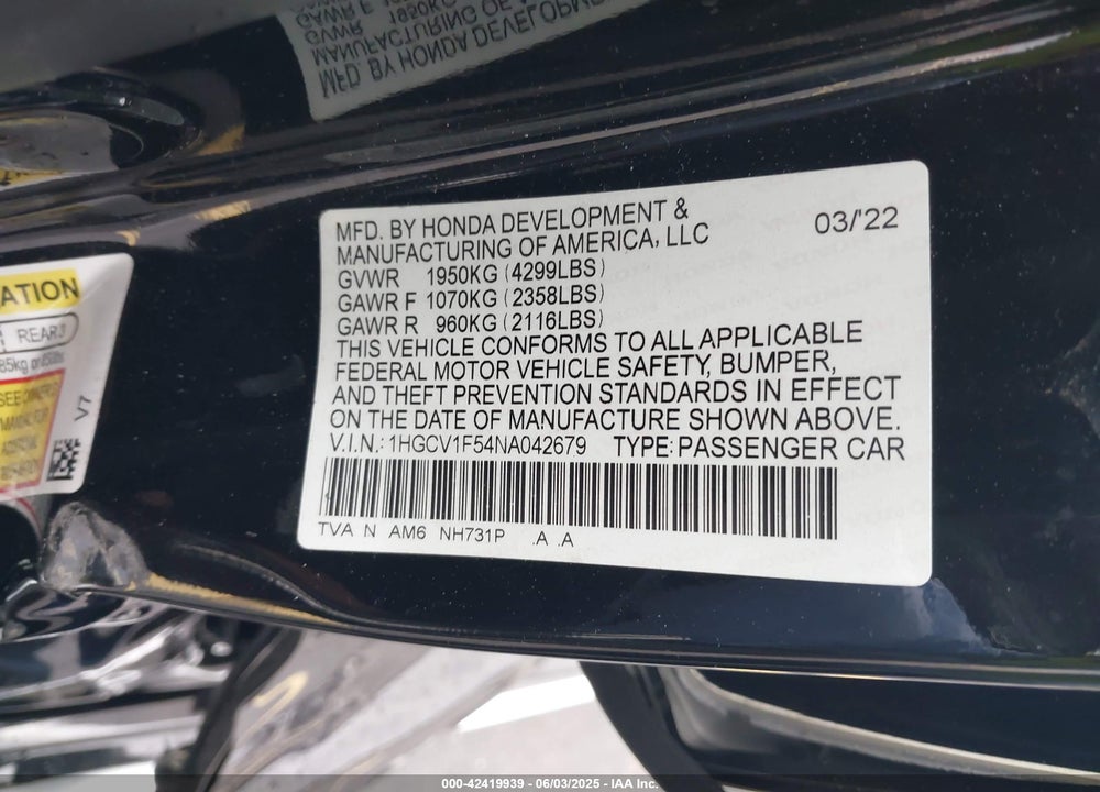 2022 HONDA ACCORD VIN: 1HGCV1F54NA042679