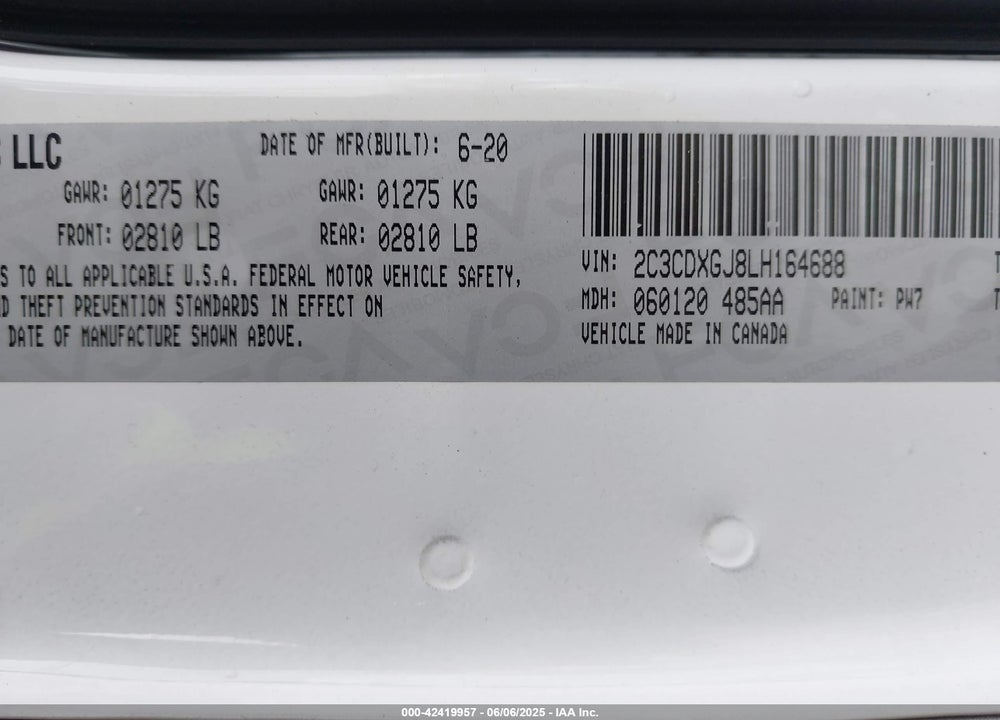 2020 DODGE CHARGER VIN: 2C3CDXGJ8LH164688