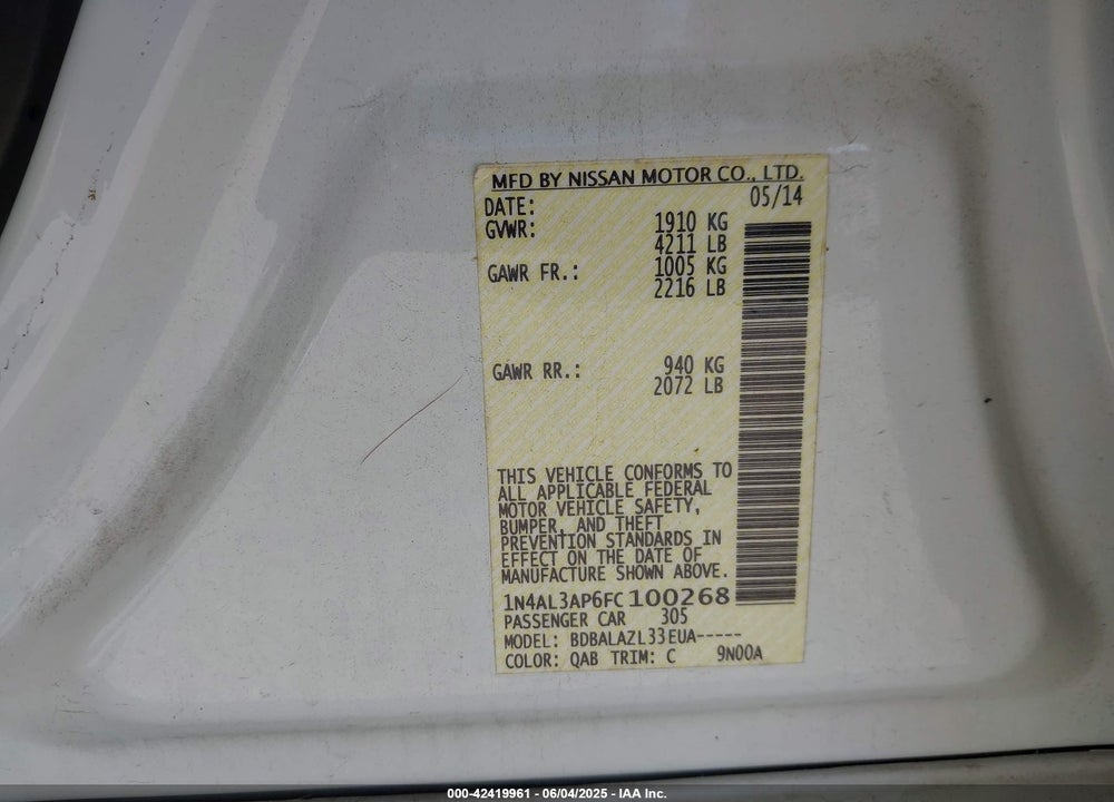 2015 NISSAN ALTIMA VIN: 1N4AL3AP6FC100268