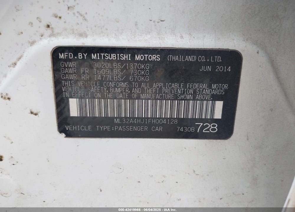 2015 MITSUBISHI MIRAGE ES VIN: ML32A4HJ1FH004128