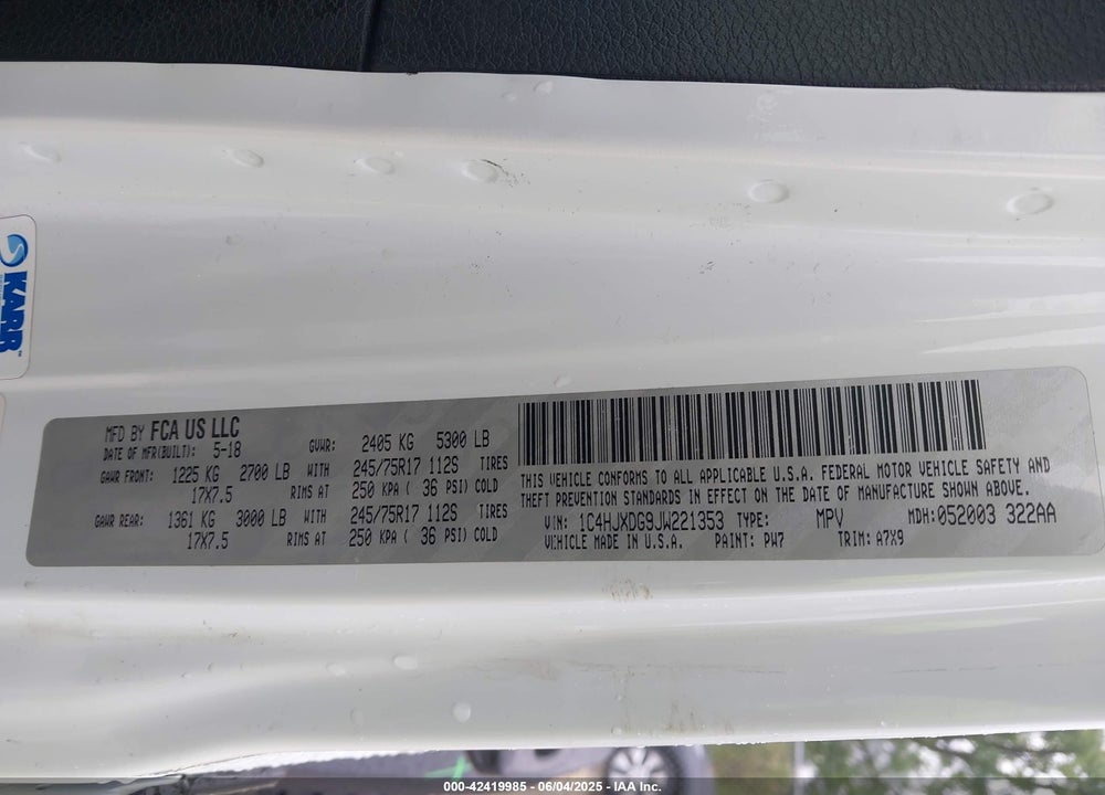 2018 JEEP WRANGLER UNLIMITED VIN: 1C4HJXDG9JW221353