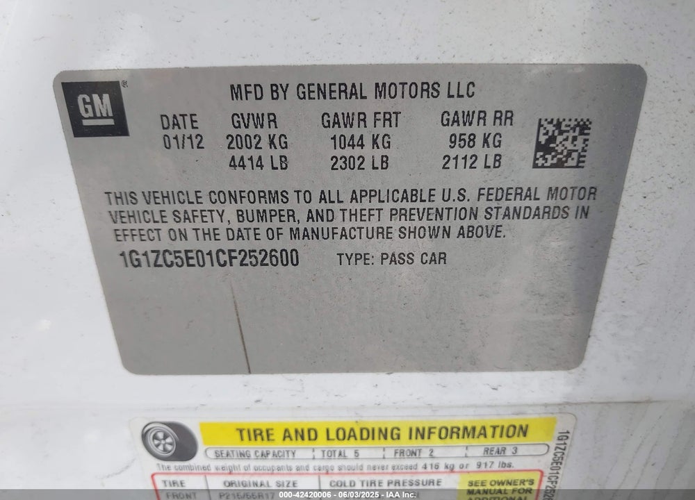 2012 CHEVROLET MALIBU VIN: 1G1ZC5E01CF252600