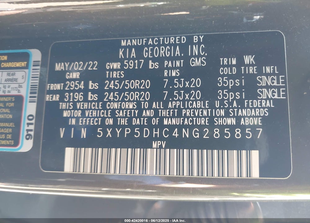 2022 KIA TELLURIDE VIN: 5XYP5DHC4NG285857