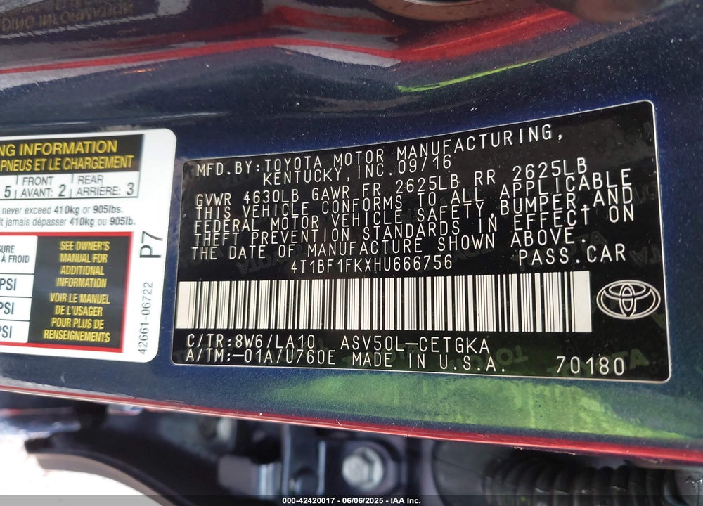 2017 TOYOTA CAMRY VIN: 4T1BF1FKXHU666756