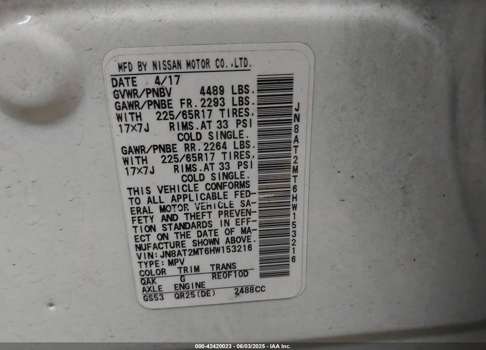 2017 NISSAN ROGUE SV VIN: JN8AT2MT6HW153216