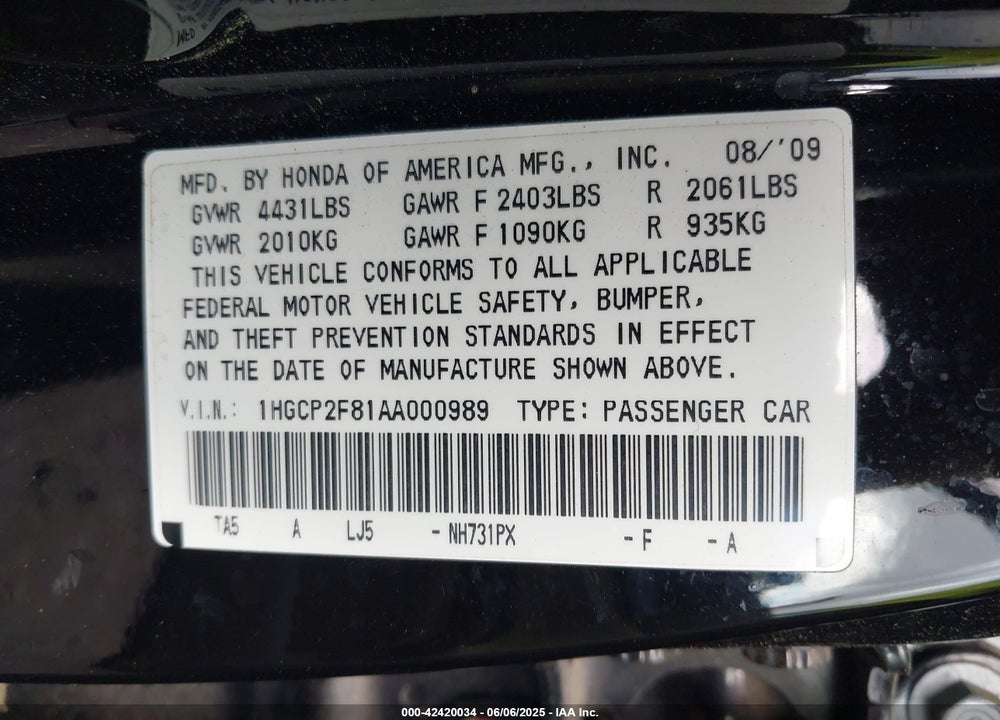 2010 HONDA ACCORD VIN: 1HGCP2F81AA000989