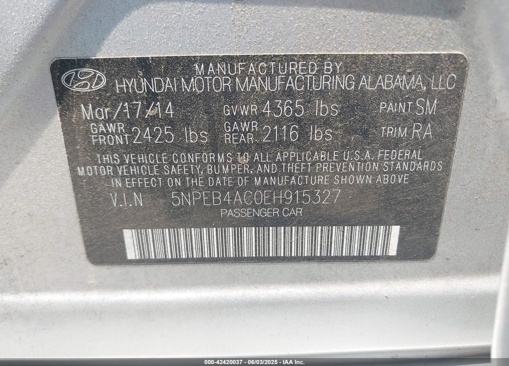 2014 HYUNDAI SONATA VIN: 5NPEB4AC0EH915327