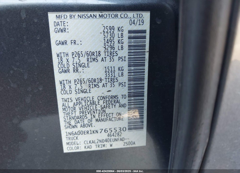 2019 NISSAN FRONTIER VIN: 1N6AD0ER1KN765530