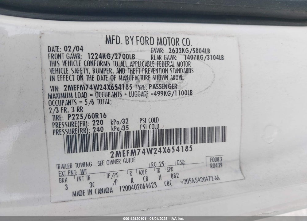 2004 MERCURY GRAND MARQUIS VIN: 2MEFM74W24X654185