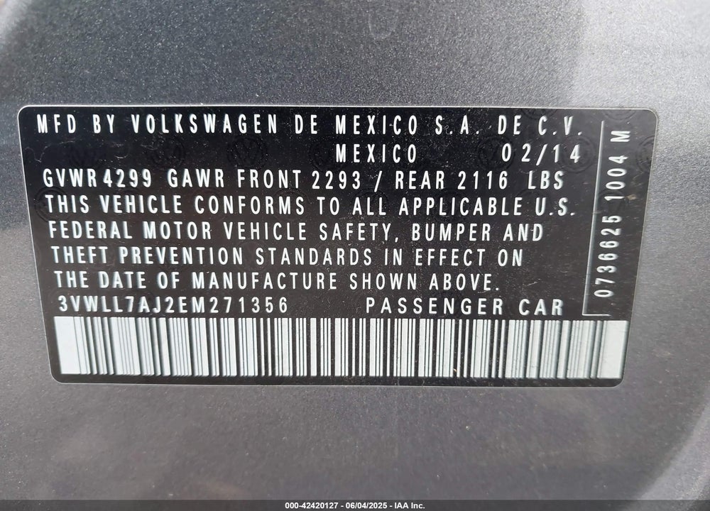 2014 VOLKSWAGEN JETTA 2.0L TDI VALUE EDITION VIN: 3VWLL7AJ2EM271356