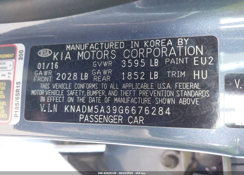 2016 KIA RIO VIN: KNADM5A39G6676284
