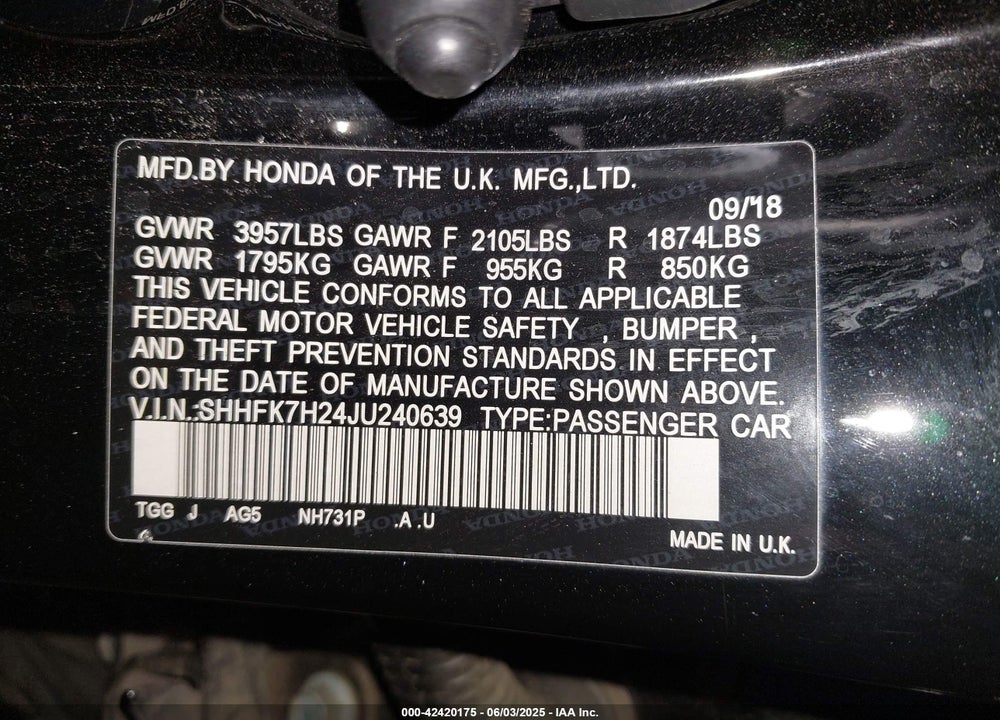 2018 HONDA CIVIC VIN: SHHFK7H24JU240639