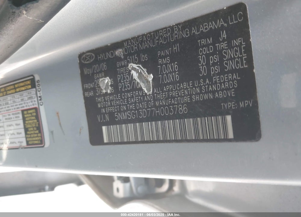 2007 HYUNDAI SANTA FE GLS VIN: 5NMSG13D77H003786
