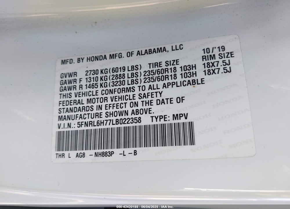 2020 HONDA ODYSSEY EX-L/EX-L W/NAVI RES VIN: 5FNRL6H77LB022358