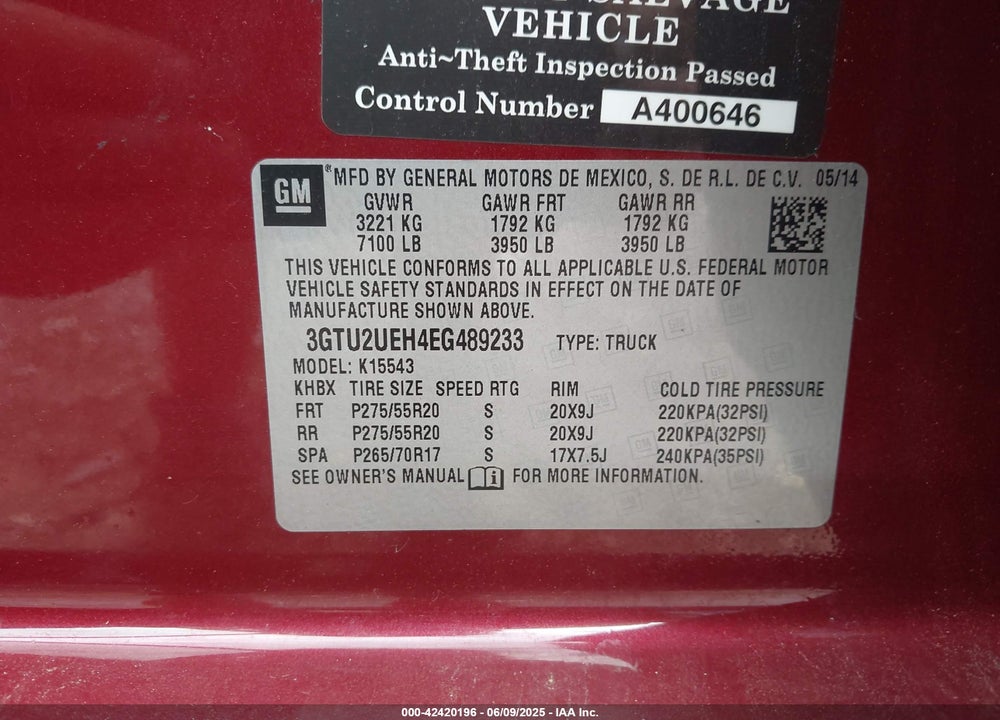 2014 GMC SIERRA 1500 VIN: 3GTU2UEH4EG489233