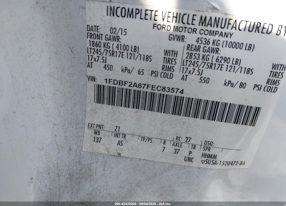 2015 FORD F-250 VIN: 1FDBF2A67FEC83574