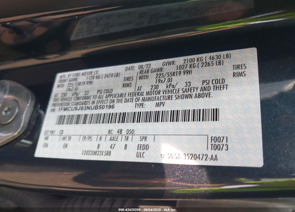 2022 FORD ESCAPE TITANIUM VIN: 1FMCU9J93NUB50196