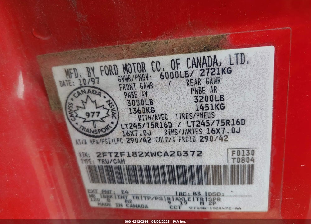 1998 FORD F-150 STANDARD/XL/XLT VIN: 2FTZF182XWCA20372