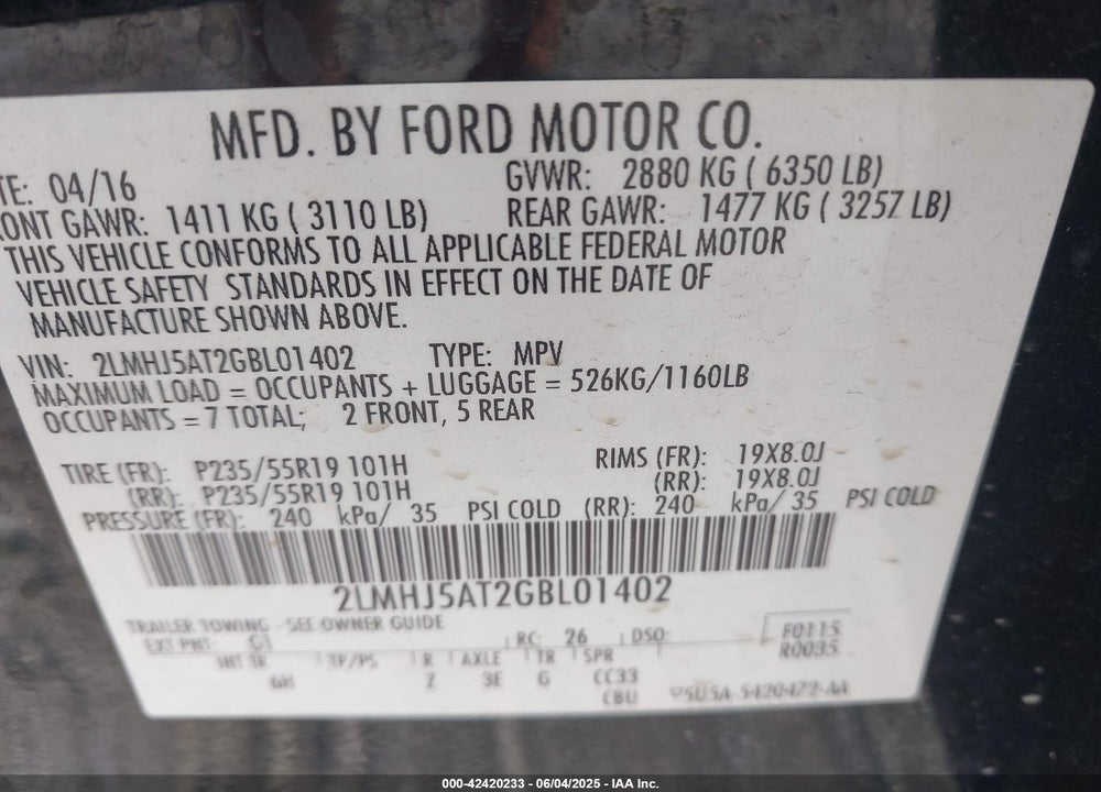 2016 LINCOLN MKT ECOBOOST VIN: 2LMHJ5AT2GBL01402