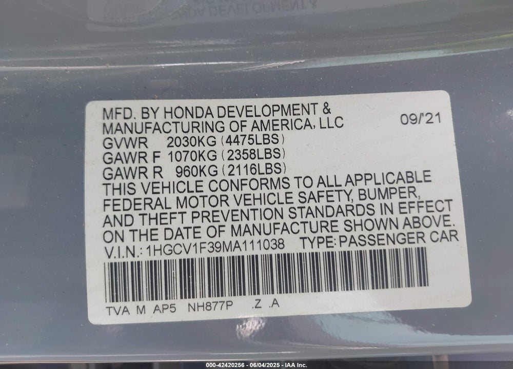 2021 HONDA ACCORD VIN: 1HGCV1F39MA111038