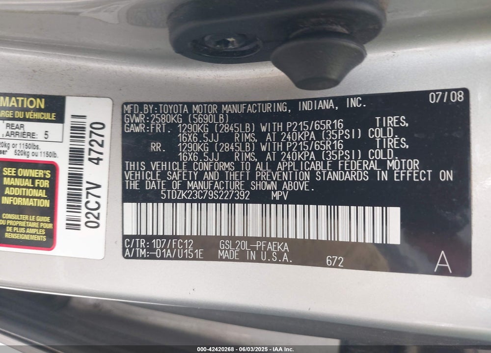 2009 TOYOTA SIENNA LE VIN: 5TDZK23C79S227392