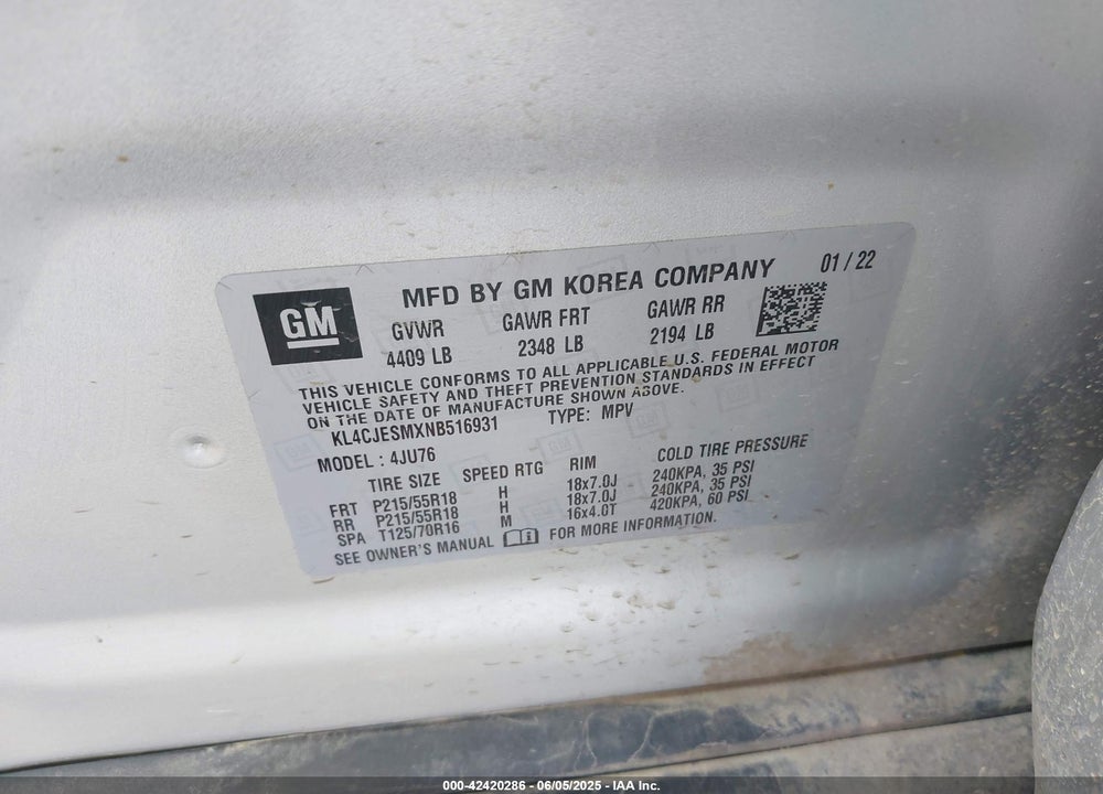 2022 BUICK ENCORE VIN: KL4CJESMXNB516931