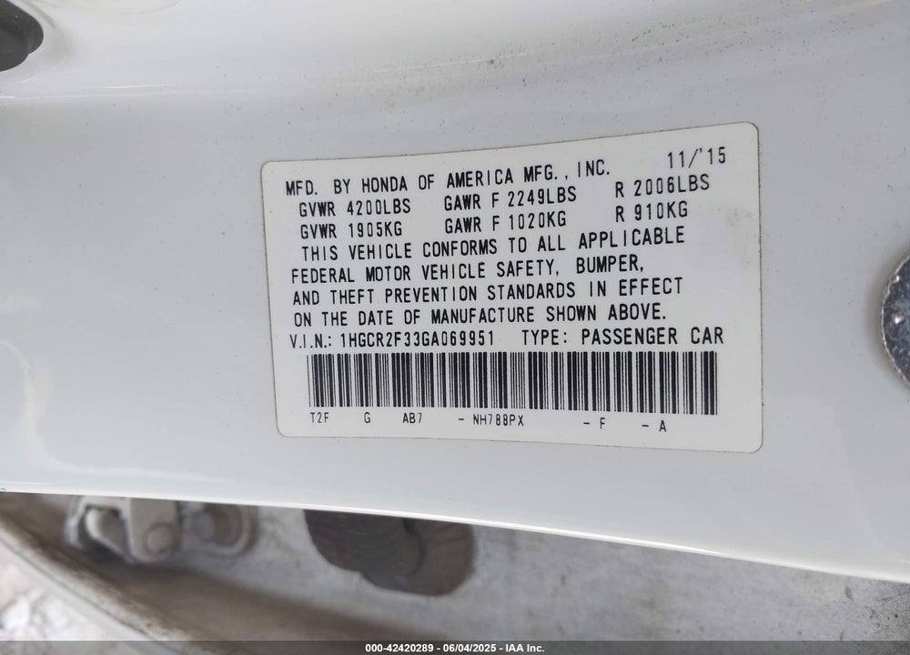 2016 HONDA ACCORD LX VIN: 1HGCR2F33GA069951