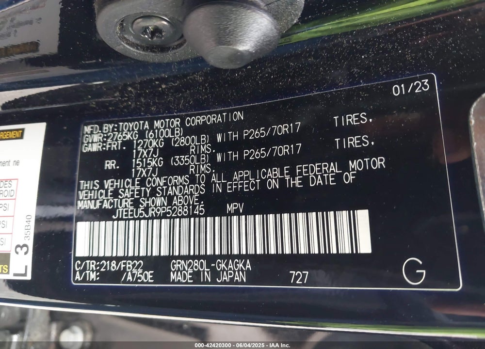 2023 TOYOTA 4RUNNER VIN: JTEEU5JR9P5288145