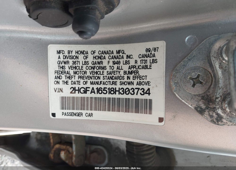 2008 HONDA CIVIC VIN: 2HGFA16518H303734