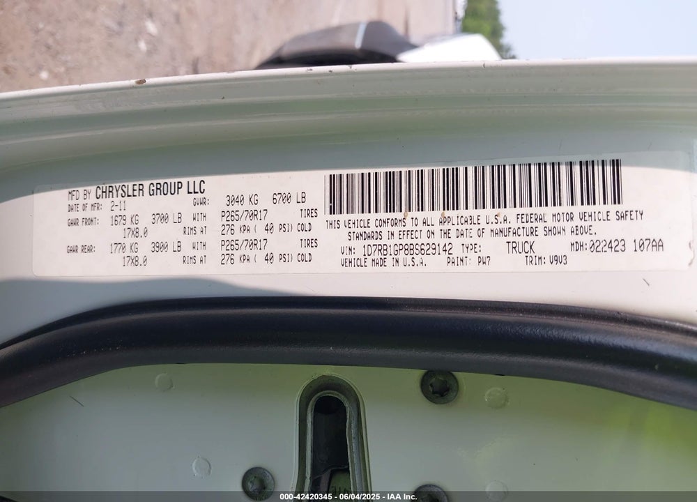 2011 RAM RAM 1500 VIN: 1D7RB1GP8BS629142