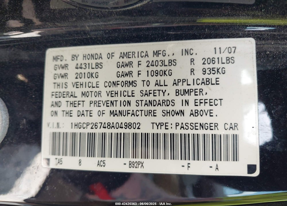 2008 HONDA ACCORD VIN: 1HGCP26748A049802