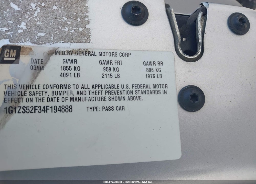 2004 CHEVROLET MALIBU VIN: 1G1ZS52F34F194888
