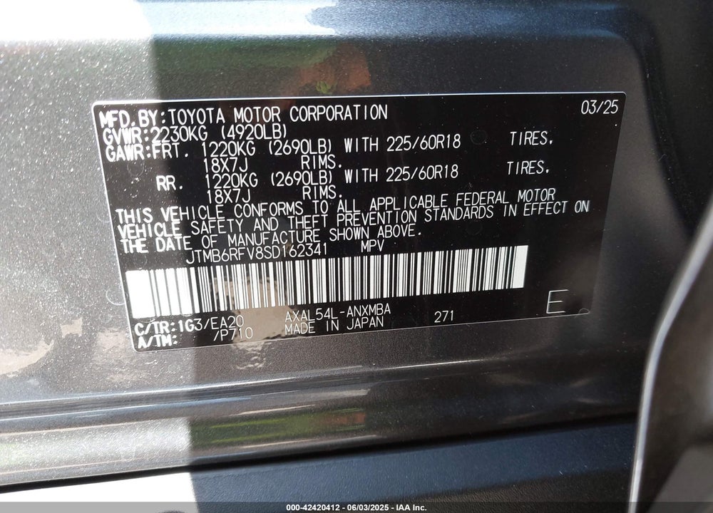 2025 TOYOTA RAV4 HYBRID XLE PREMIUM VIN: JTMB6RFV8SD162341