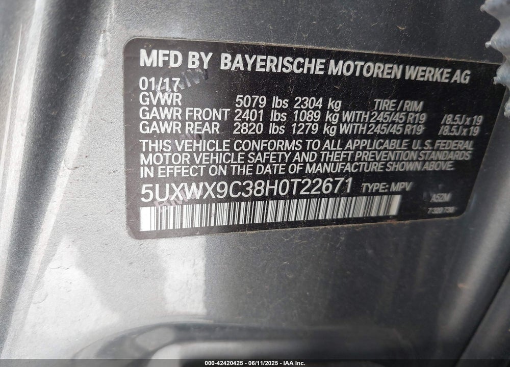 2017 BMW X3 VIN: 5UXWX9C38H0T22671