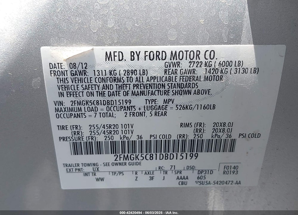 2013 FORD FLEX SEL VIN: 2FMGK5C81DBD15199