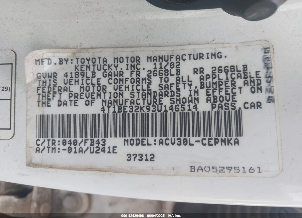 2003 TOYOTA CAMRY LE VIN: 4T1BE32K93U146514