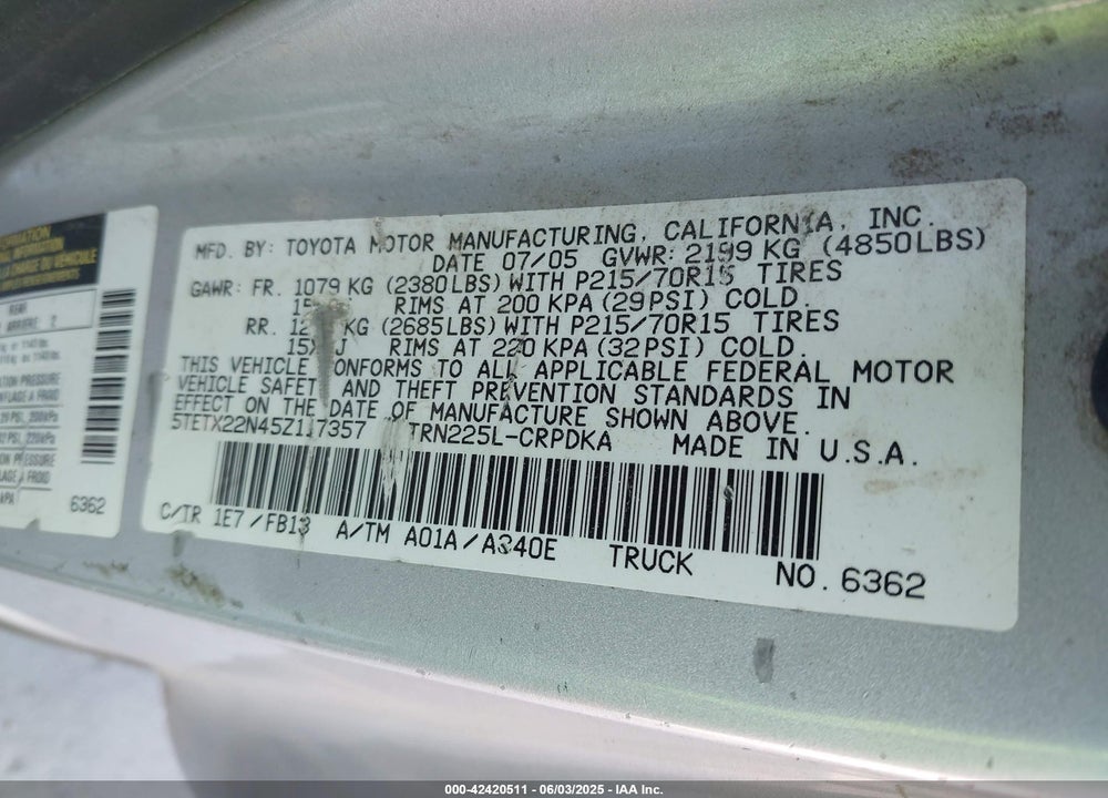 2005 TOYOTA TACOMA VIN: 5TETX22N45Z117357