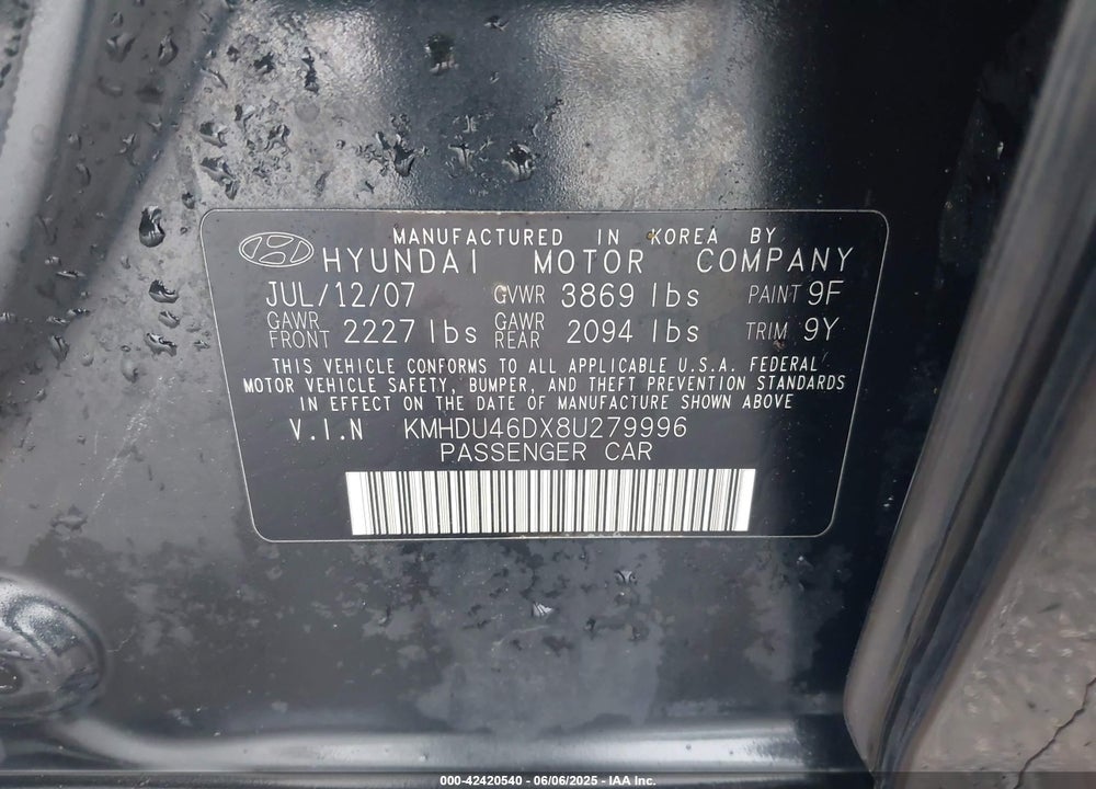 2008 HYUNDAI ELANTRA VIN: KMHDU46DX8U279996