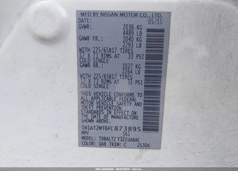 2015 NISSAN ROGUE SV VIN: 5N1AT2MT6FC873895