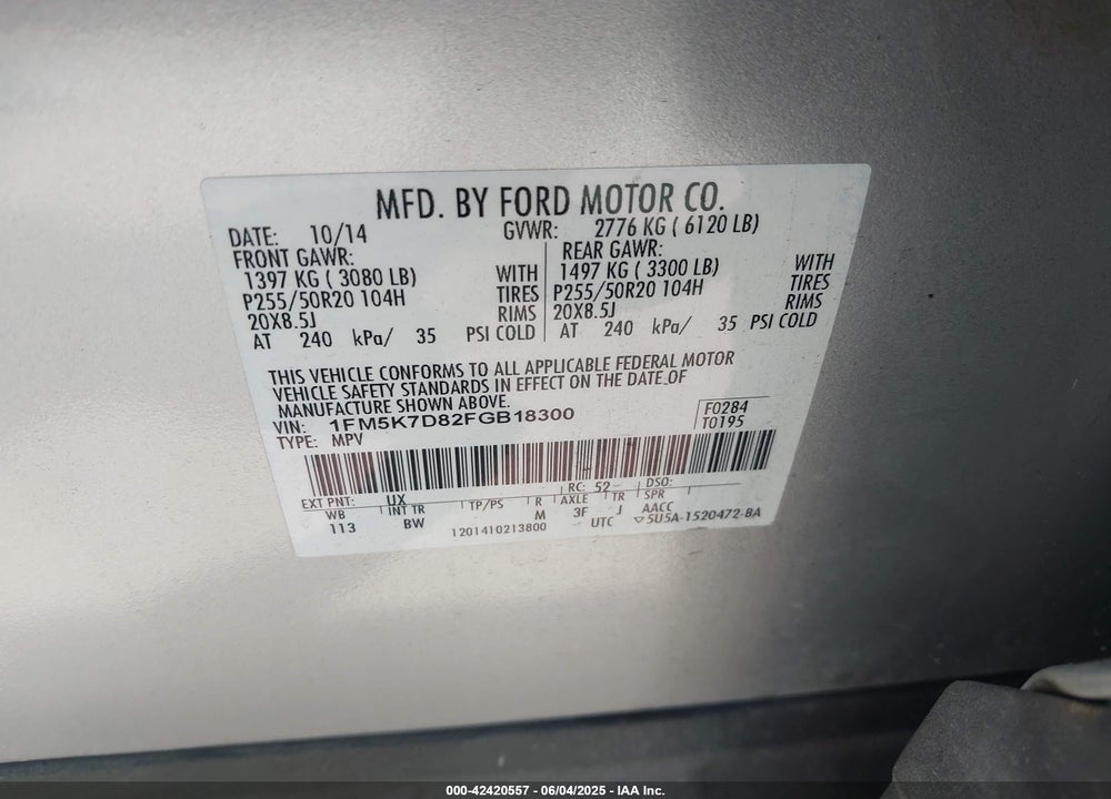 2015 FORD EXPLORER XLT VIN: 1FM5K7D82FGB18300