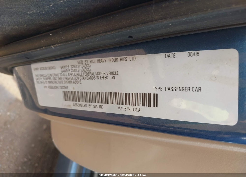 2007 SUBARU LEGACY 2.5I LIMITED VIN: 4S3BL626477202944